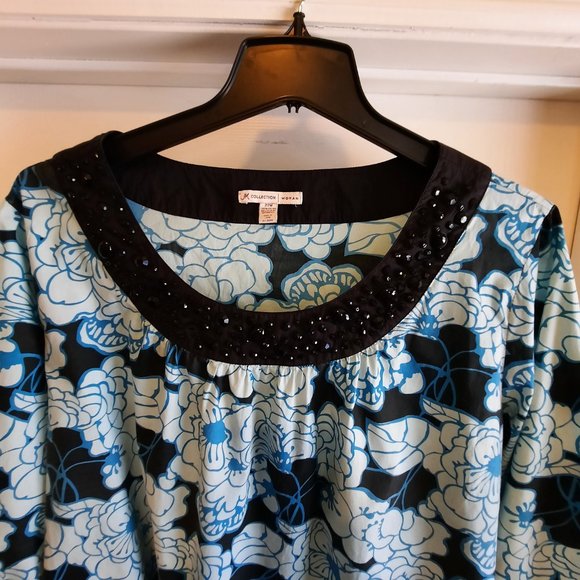 JM Collection Black Turquoise Beaded Floral Cotton Top/Blouse Size Plus … - Picture 3 of 7